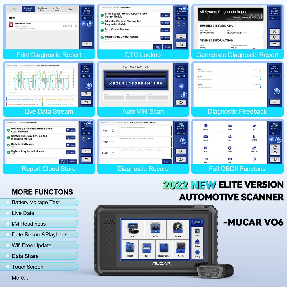 MUCAR VO6 All Systems Auto Diagnostic Scanner OBD2 Scanner E-CU Coding 28 Resets