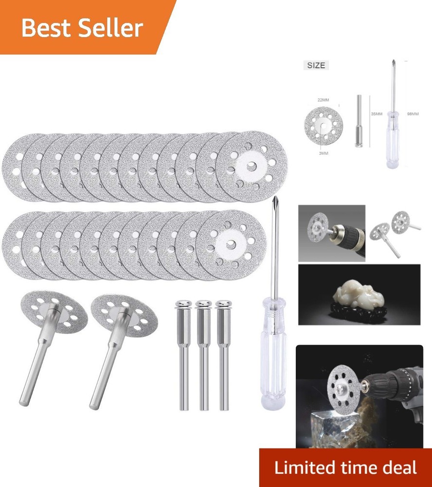 Versatile 22mm Diamond Cut-Off Wheels Set: 25 Discs with Mandrels & Screwdriver
