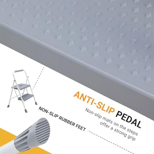 2 Step Ladder Folding Stool Heavy Duty Safety Stool with Handrail Grey