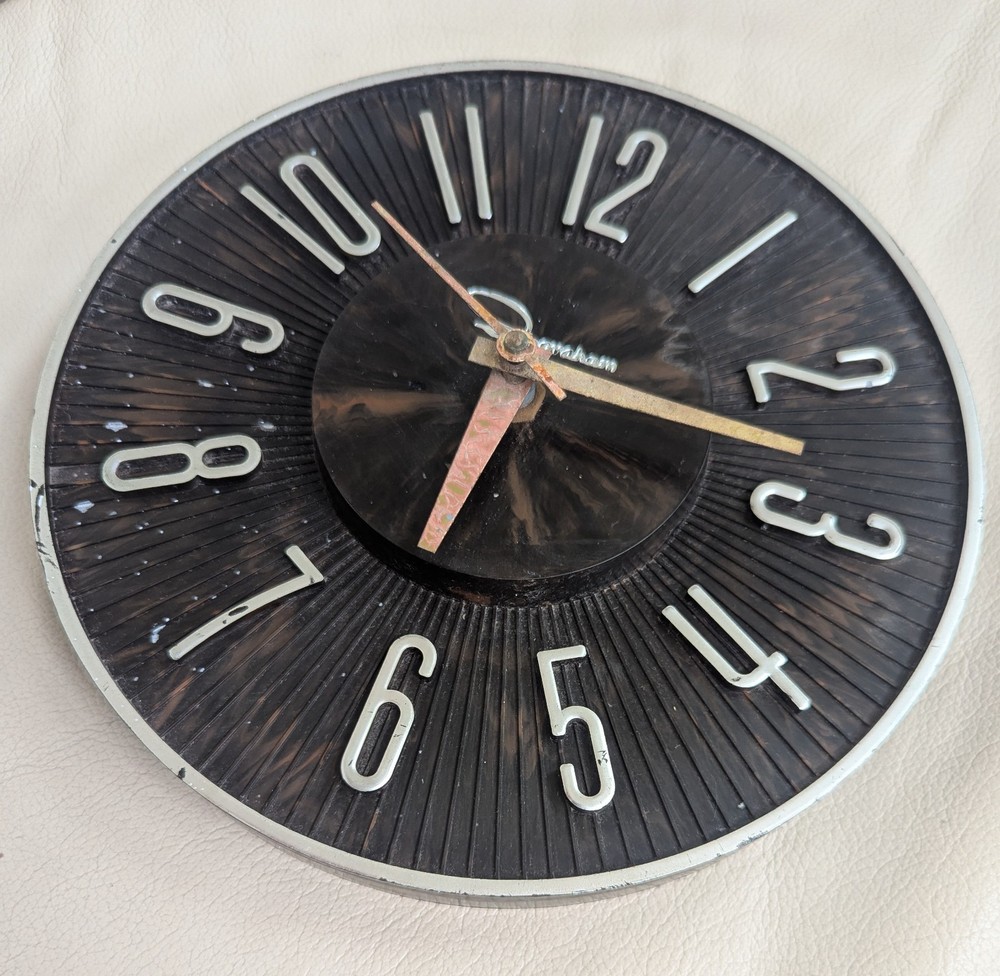 Clock INGRAHAM Mid-Century Modern Plastic Wall Vintage Brown & Silver Tested