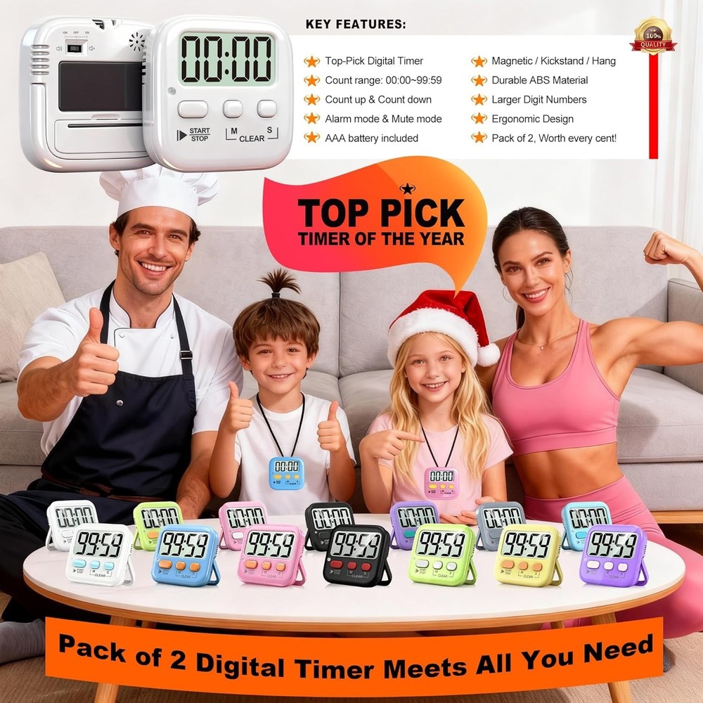 Magnetic Digital Timer Set - 2 Pack with Large Display for Cooking and Studying