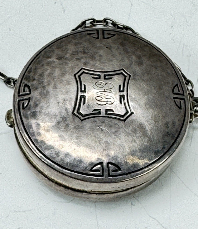 Antique Hand Hammered Sterling Silver Chatelaine Pill Box 4” Chain & Ring c1920s