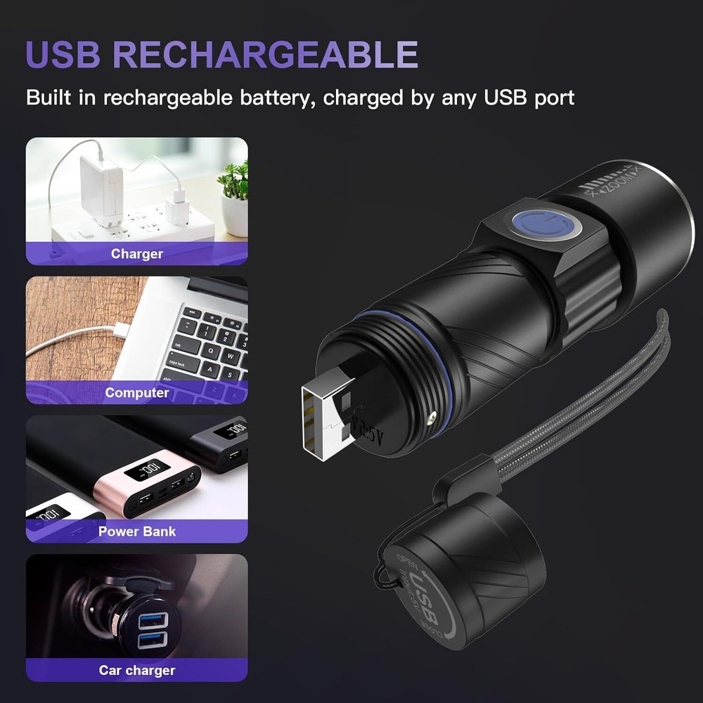 USB Rechargeable Black Light 395nm UV Flashlight Torch Lamp Zoomable Detector