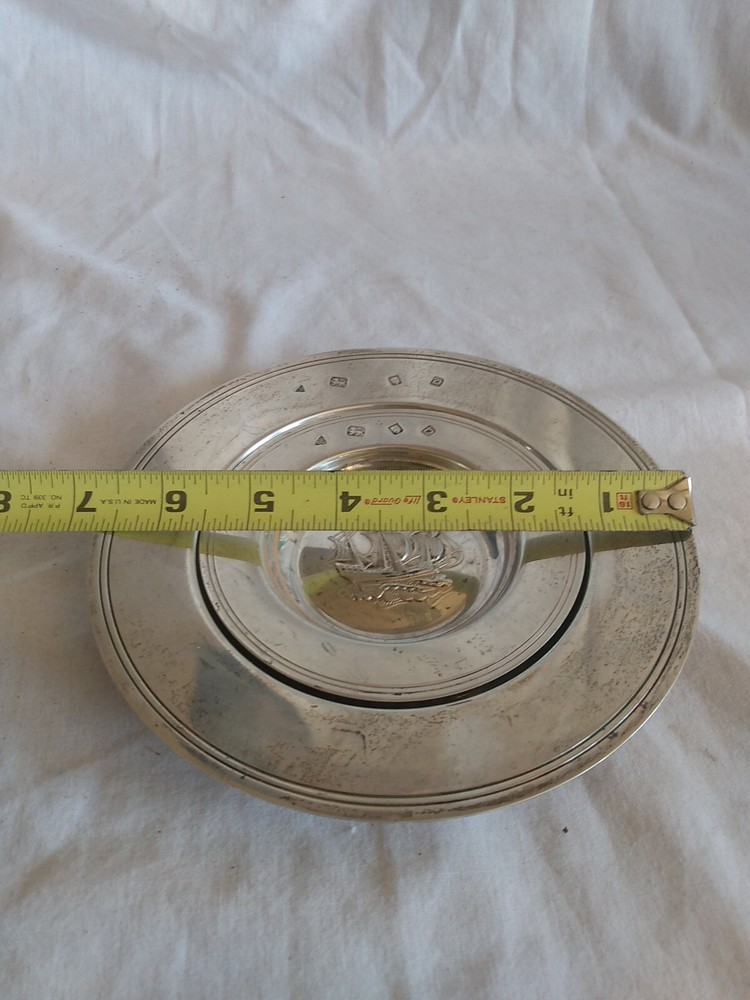 Vintage Garrard Set Solid Silver Armada Dish Central Sailing Ship 273 gm.