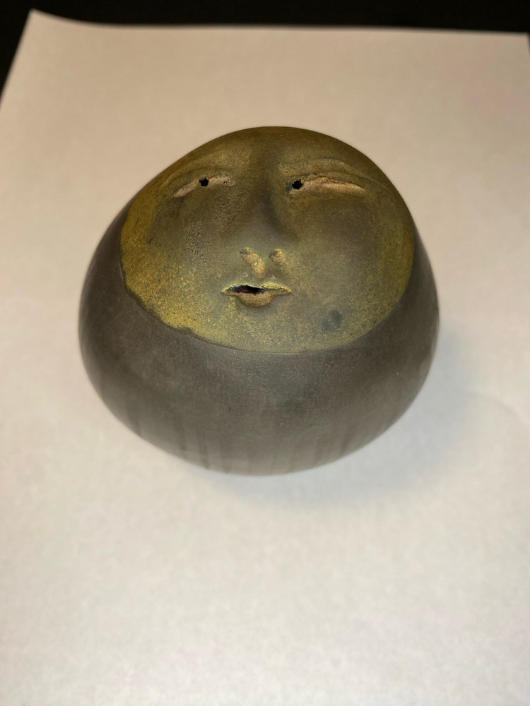 Nan Emmett Deva Raku Face Rattle Shaker Carved 4”