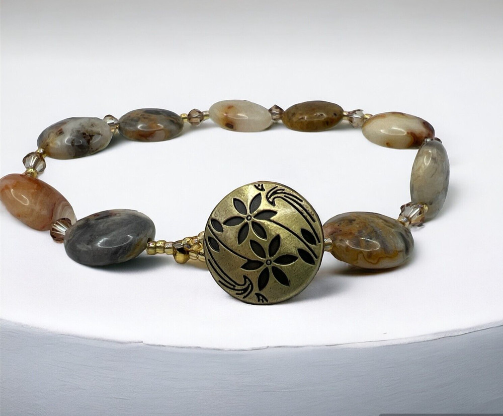 Handmade semi-precious multi-colored agate bracelet with button closure