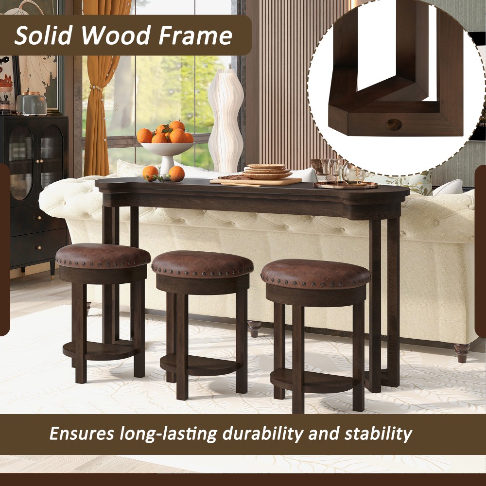 4 Piece Bar Table Set with3 PU Upholstered Bar Stools Breakfast Table