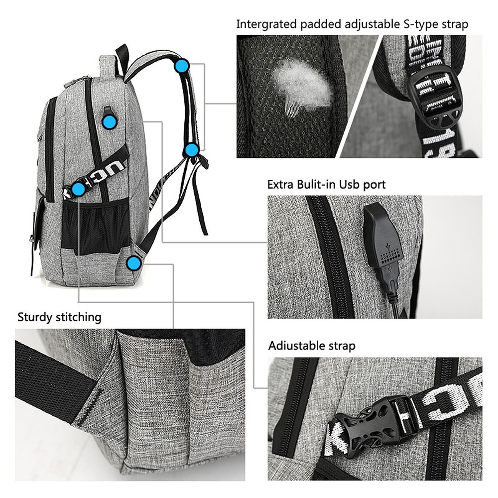 Lightweight College School Backpack with USB Charging Port