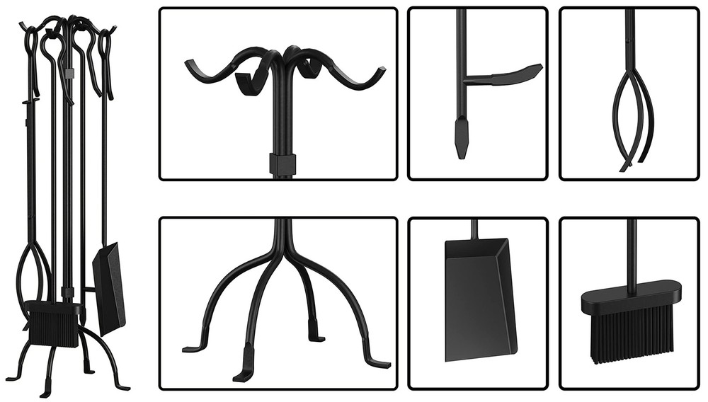 5-Piece Fireplace Tools Set Heavy Duty Wrought Iron Fire Place Toolset Black