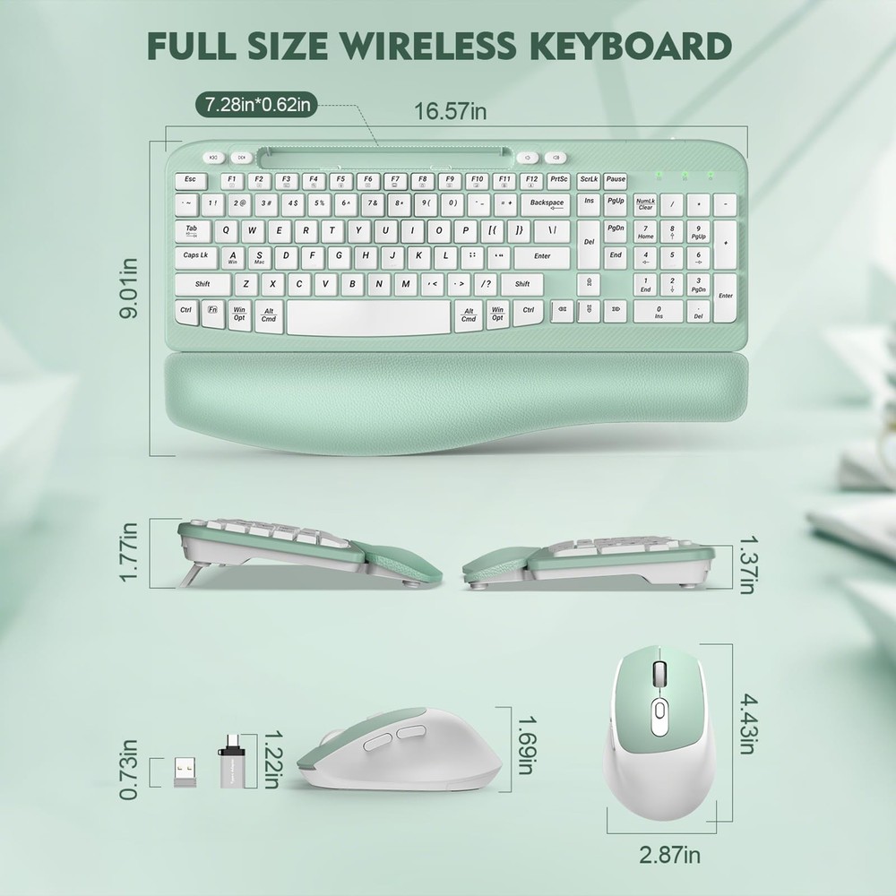 Wireless Keyboard and Mouse Combo, Wave Keys Full-Sized Ergonomic Keyboard wi...