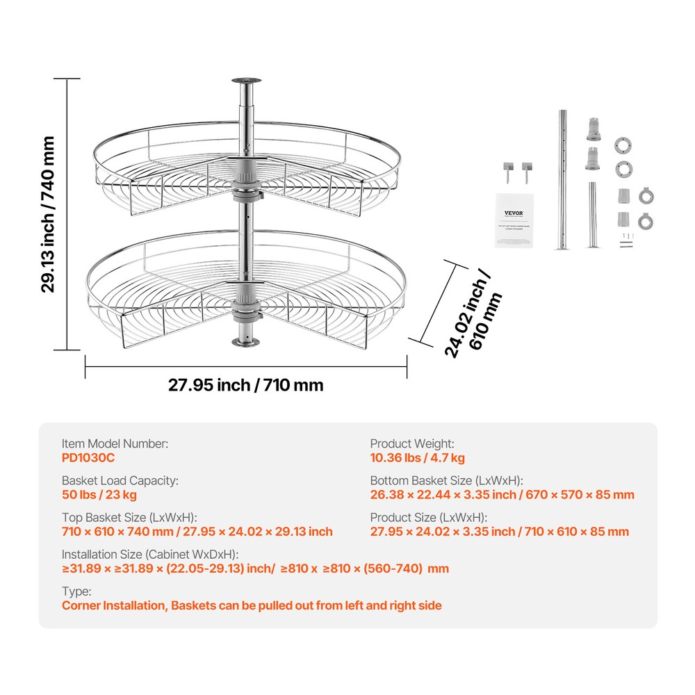 28" 2 Tier Kidney Shaped Chrome Corner Organizer Lazy Susan Cabinet Blind Corner