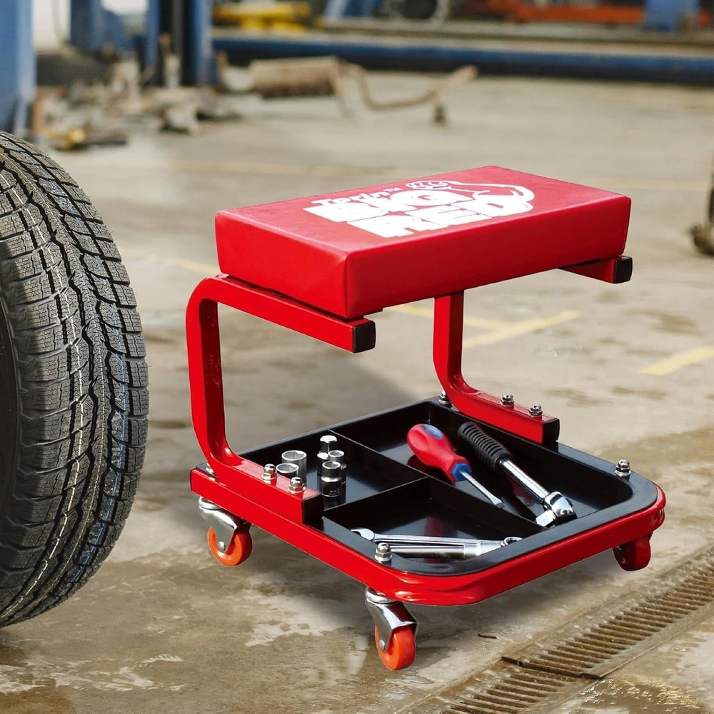 Comfortable Red Rolling Garage Stool: 250 lbs Capacity with Tool Storage Tray
