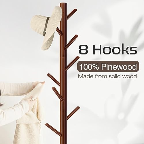 Coat Rack, Freestanding Coat Rack with 8 Hooks and 3 Adjustable Size 1 PC Brown