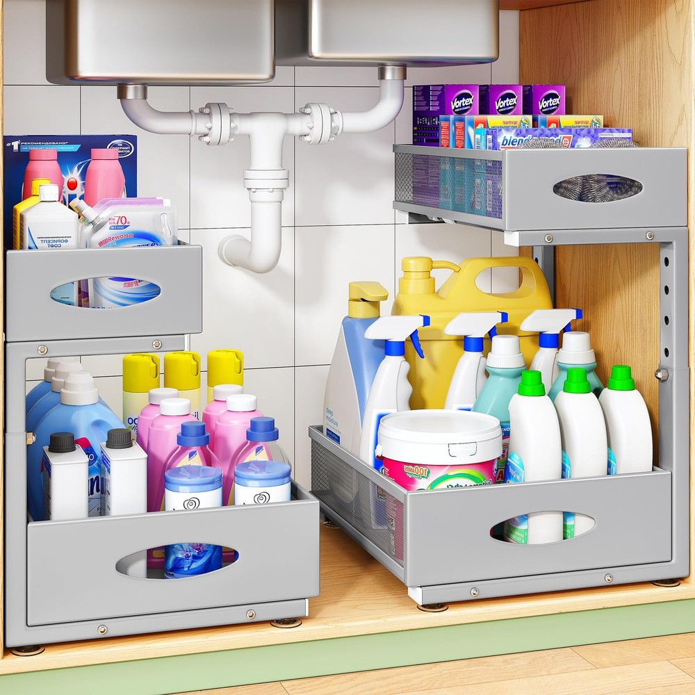 Under Sink Organizer, 2-Pack Pull Out Cabinet Organizer 2 (XL), Grey