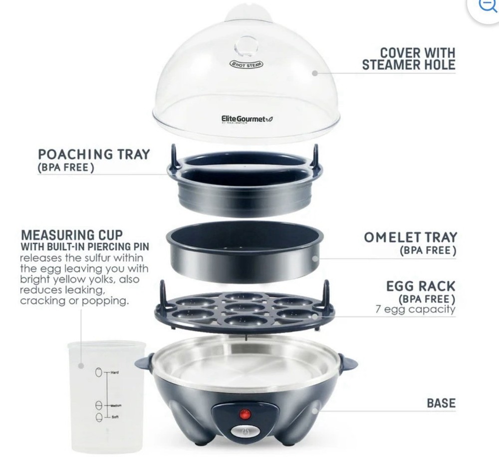 Elite Gourmet Easy Egg Cooker for 7 Eggs Automatic Hard Medium Soft Boiled