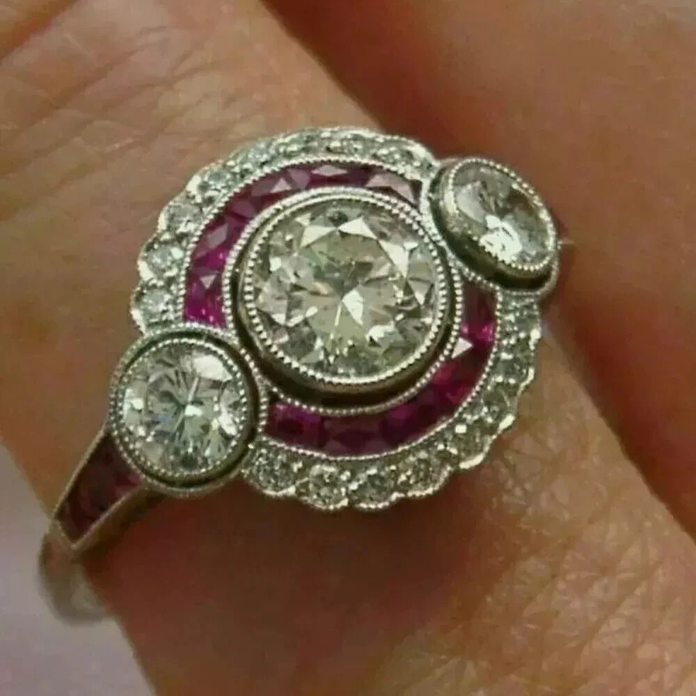 Art Deco Style Round Lab Created Diamond 14K White Gold FN Ruby Engagement Ring
