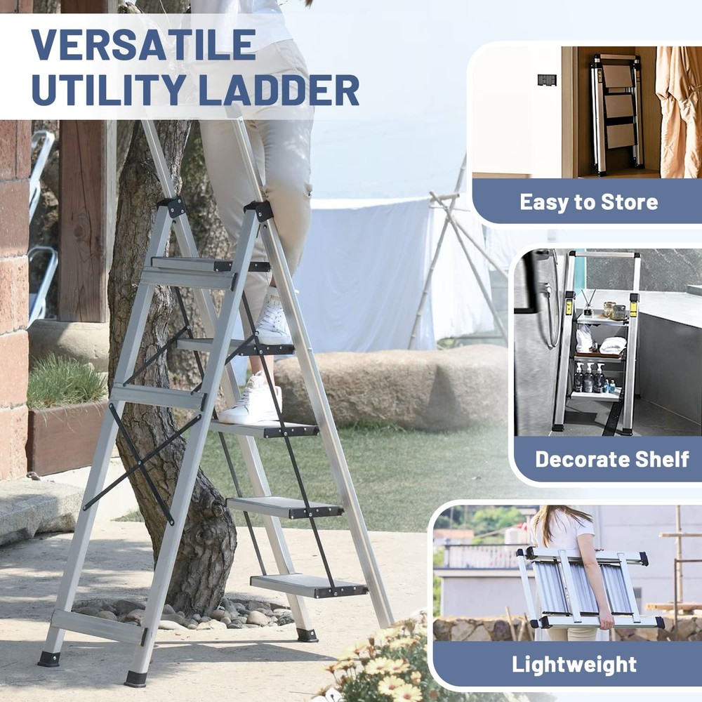 XinSunho 5 Step Ladder, Retractable Handgrip Folding 5 step, Silver