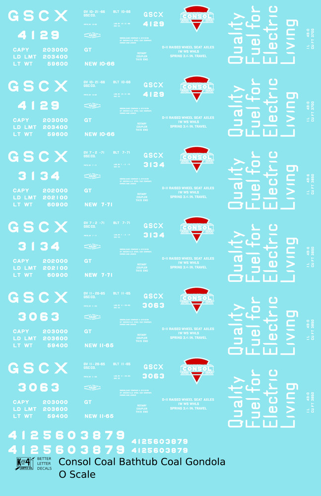 K4 O Scale Decals Consol Coal Coal Gondola White and Red