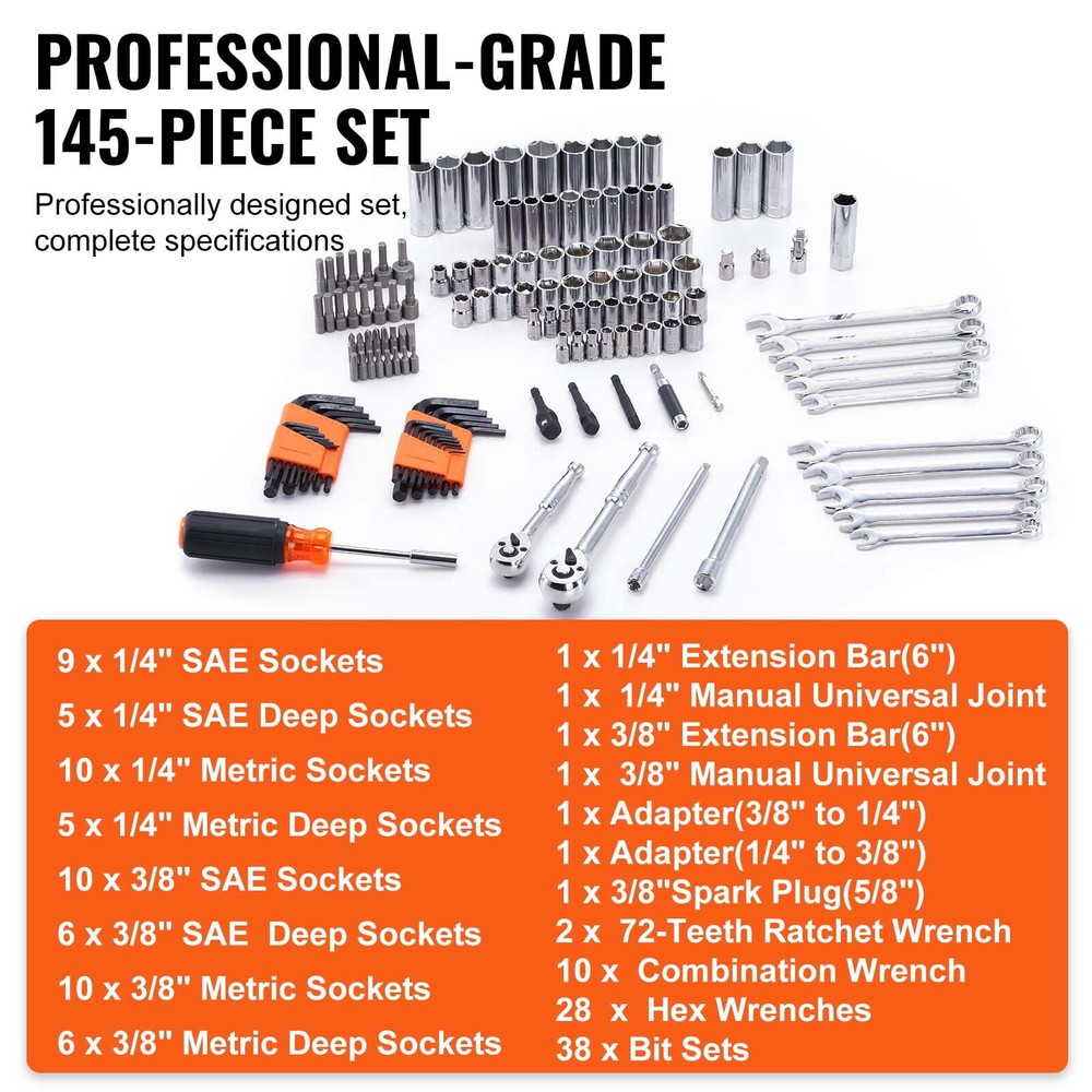 145 SAE and metric mechanical tool kits with drill bits and hex wrenches