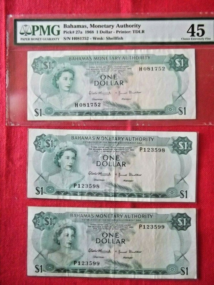 Bahamas  $1 Dollar 1968  PMG 45 + another 2 same BONUS note bill