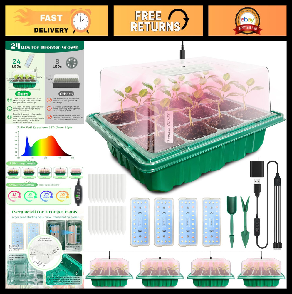 48-Cell Seed Starter Kit with Grow Light, Humidity Domes & Timer, Adjustable Bri