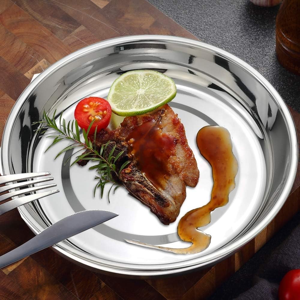 4-Pack Stainless Steel Dinner Plates Dish, round Plate