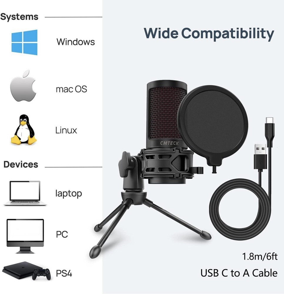 USB Microphone,Podcast Microphone with Pop Filter&Mute Button,Compatible Laptop