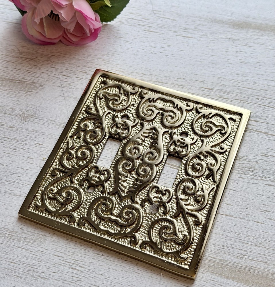 Gold Polished Double Toggle Plate Light Switch Cover Raised Scroll Design VTG
