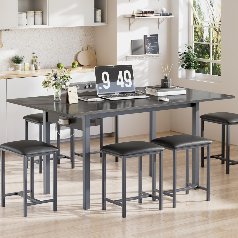 Extendable Dining Table Set with USB Charging, Kitchen Table with 6 Stools Black