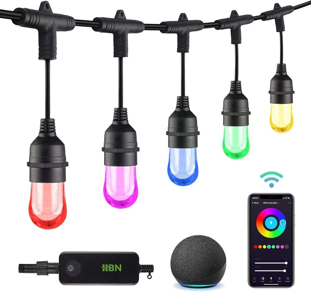24 Ft Smart Outdoor String Lights RGBCW Color Changing Dimmable Patio String
