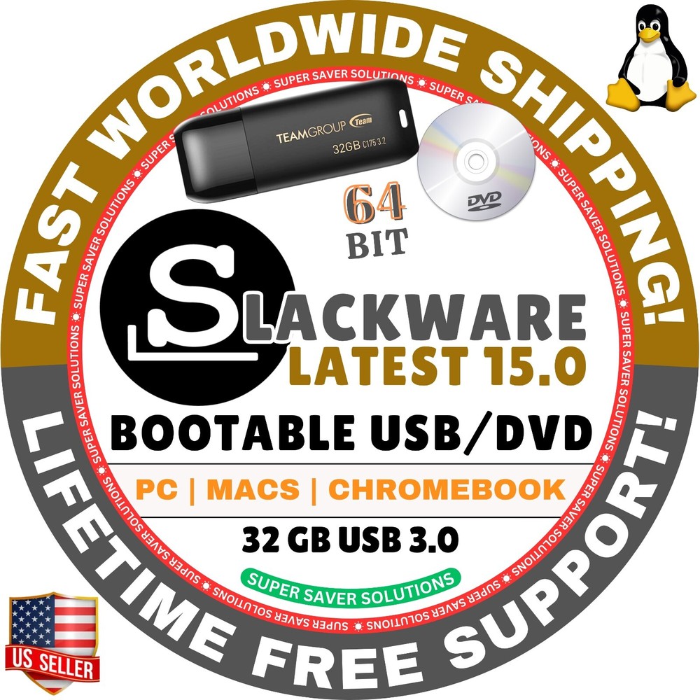 SLACKWARE LINUX OS LIVE BOOT USB, DVD LATEST 15 MATE, XFCE, LEAN, 64BIT, MAC/PC