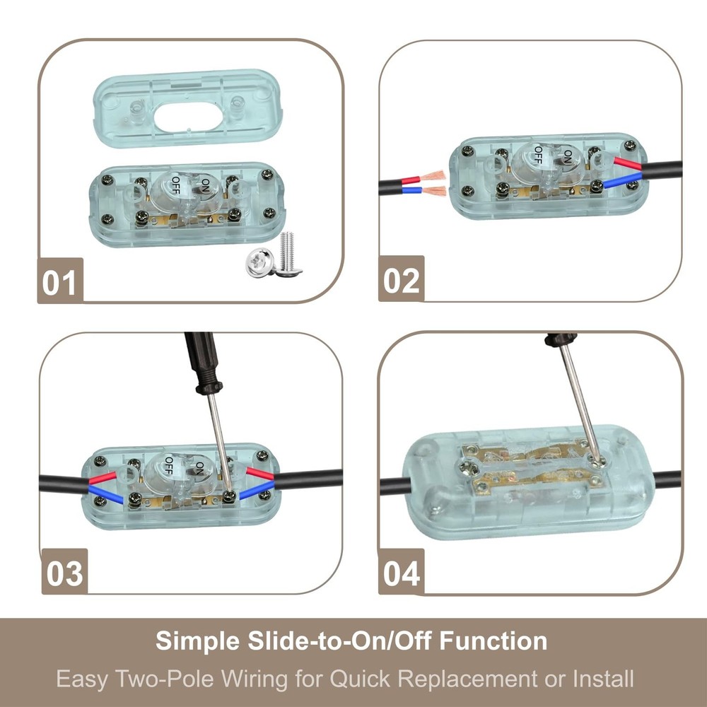 Lamp Switch Replacement Inline Light Zip Cord Clear ON/Off Rocker Power Control