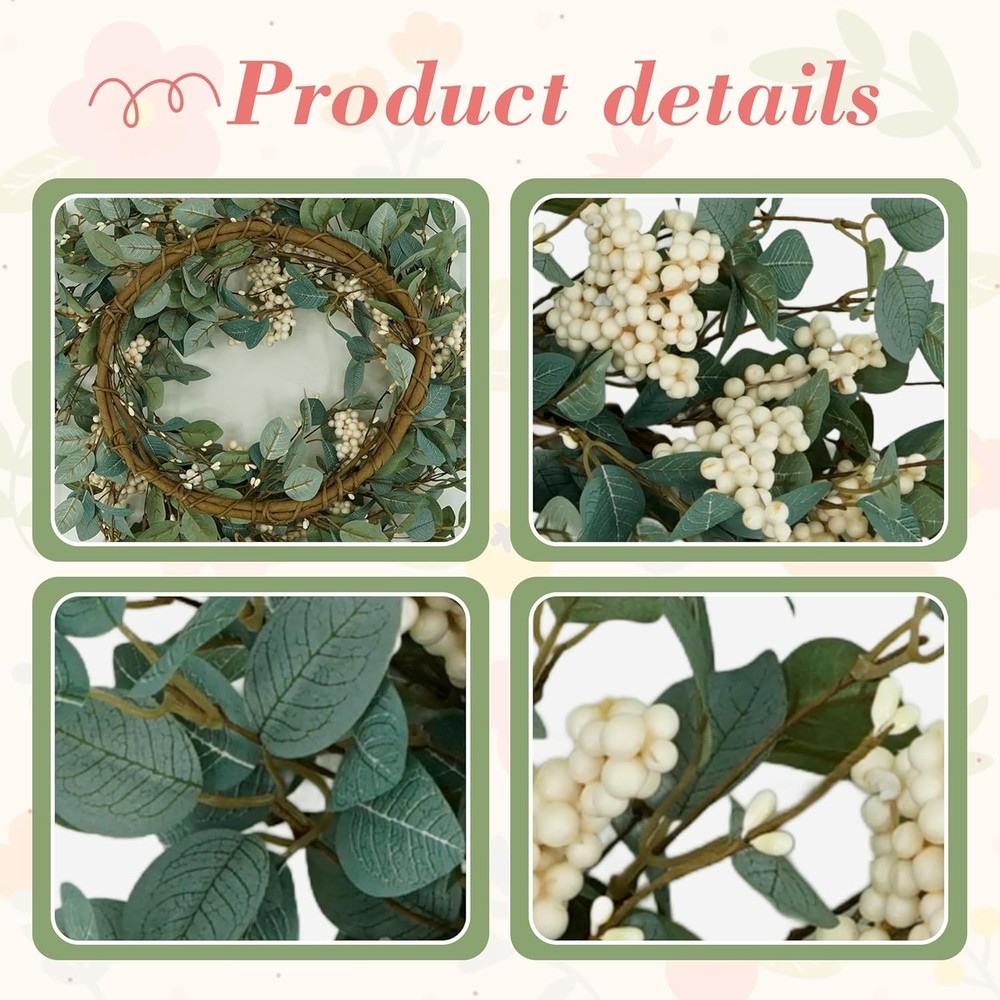 Durable 18" Spring Wreath with Eucalyptus & White Berries for -Round Charm