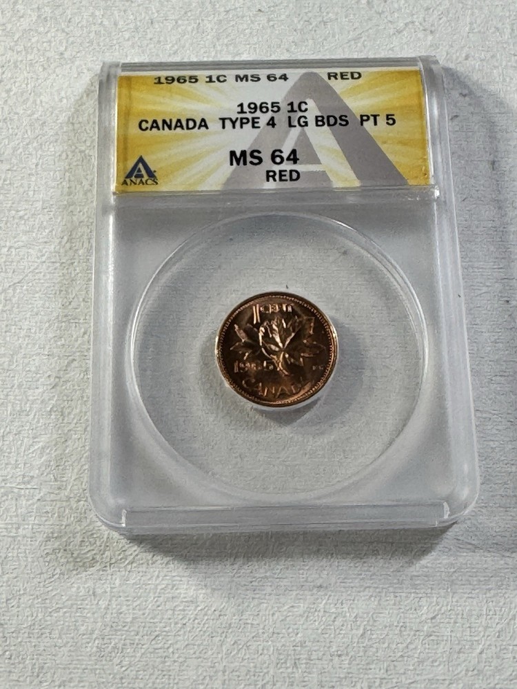 1965 Canada 1 Cent Type 4 Large Beads Pointed 5 Graded MS 64 RD by ANACS