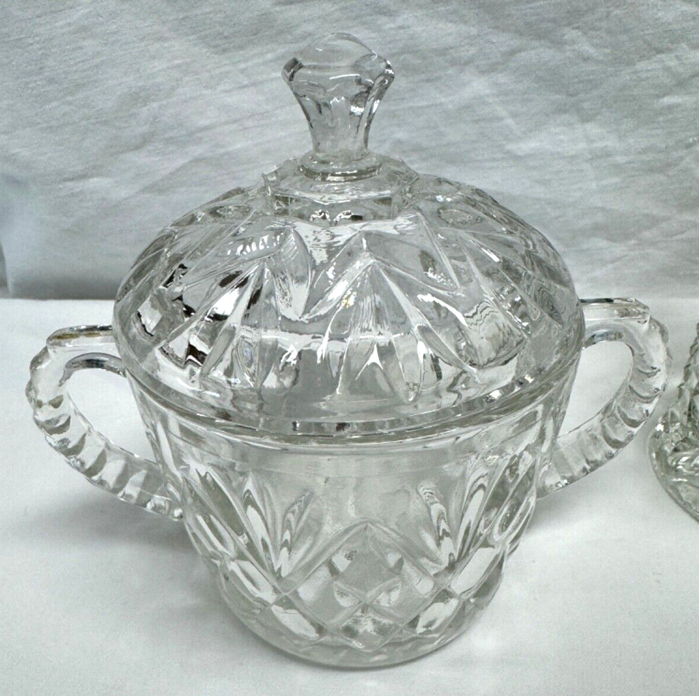 VINTAGE CLEAR CUT GLASS COVERED SUGAR BOWL & CREAM PITCHER