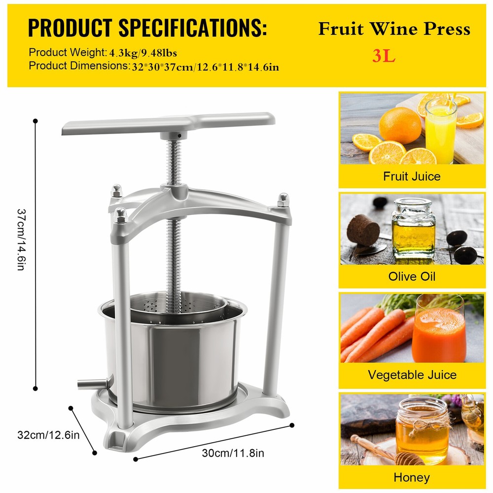 Wine Fruit Press Stainless Steel Aluminium Juice Press Grape Cider Brew