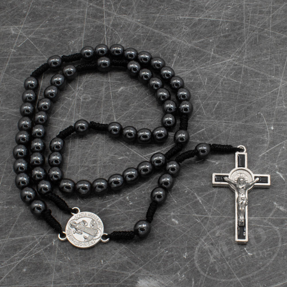Saint St Benedict Medal Cord Rosary Black Hematite Beads Rosario San Benito 12"
