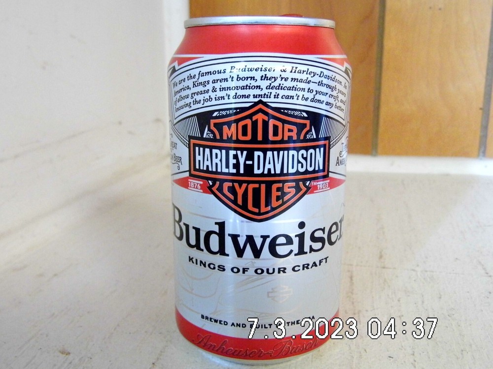 Budweiser Harley Davidson Motor Cycles Can EMPTY Red Crown Top Opened