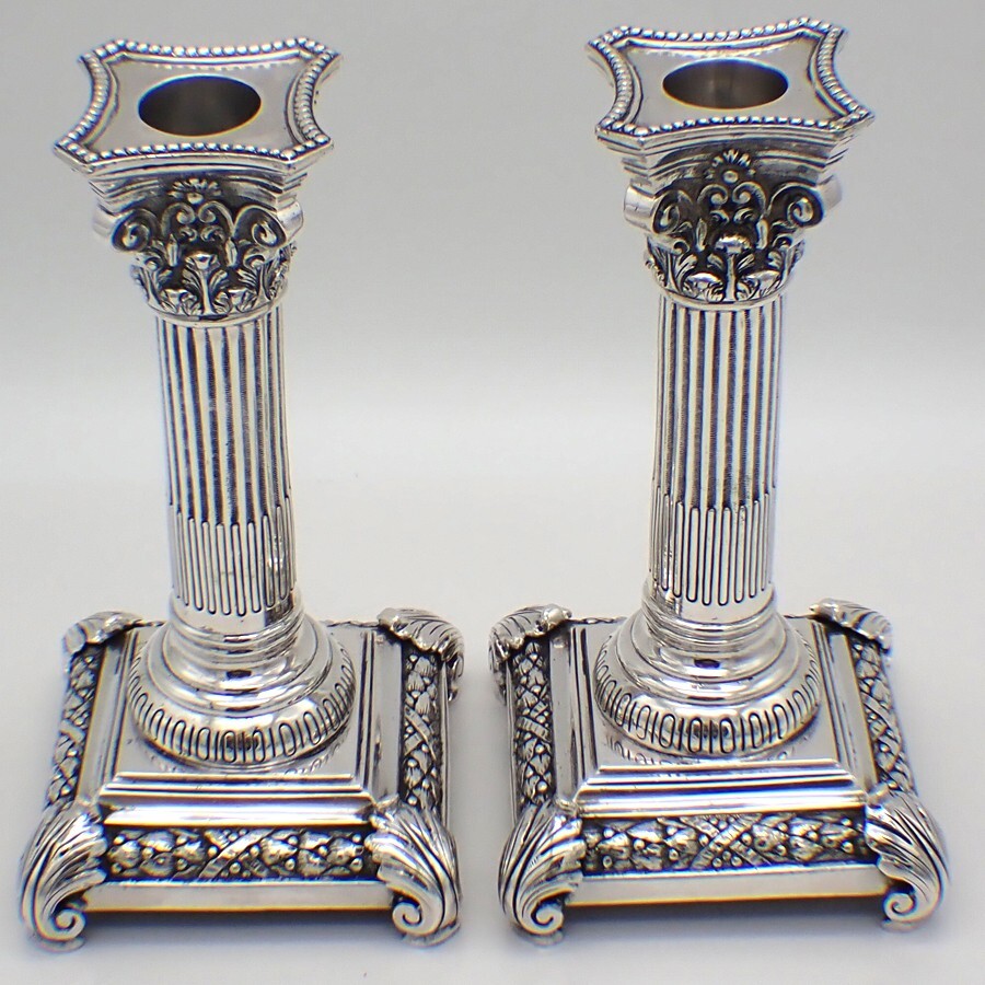 Corinthian Column Candlesticks Pair Portuguese 833 Silver