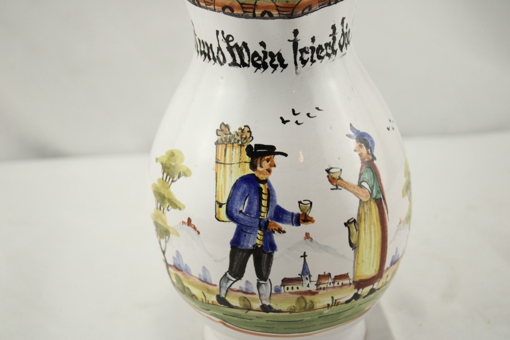 Faience Handled Pitcher German Writing Peasant Hand Painted