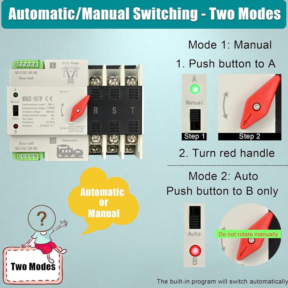 Automatic Transfer Switch, 100 Amp 3 Pole Auto Transfer Switch for Home Generato