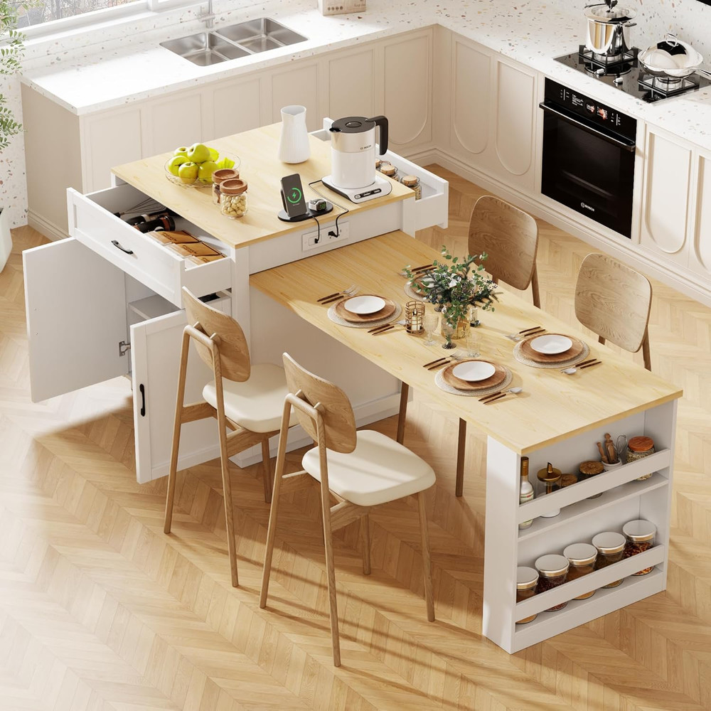 82.7" Kitchen Island with Extendable Table & Storage - White Oak