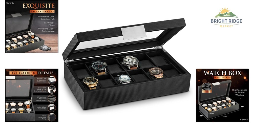 Black Rectangular Watch Case for 12 Timepieces, Luxurious Design and Finish
