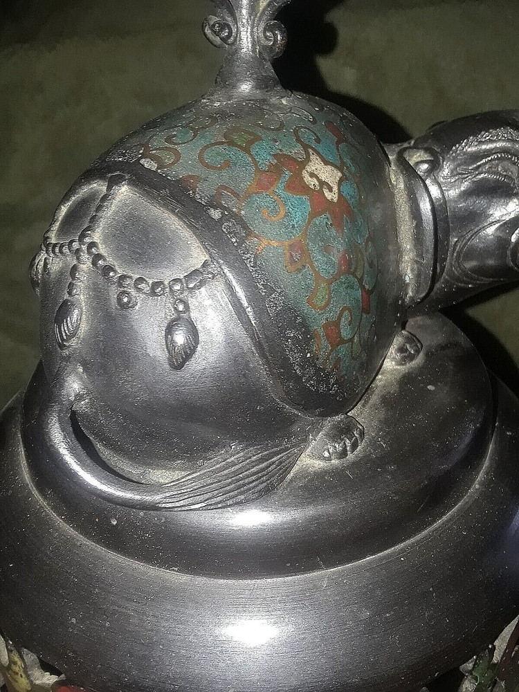 OLD CHINESE CLOISONNE 16" COVERED INCENSE/CENSOR◇7 FIGURAL ELEPHANTS◇MARKED◇A+