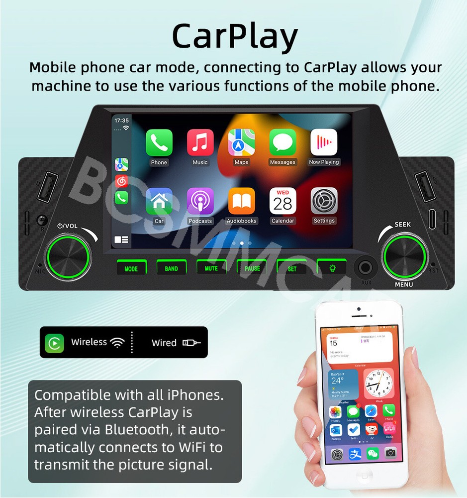 Single 1Din Car Stereo Radio Head Unit For Apple CarPlay Android Auto Bluetooth