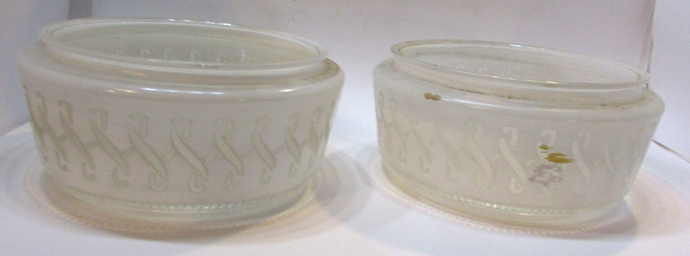 Pair Old White Frosted Glass Drum Bullseye Scroll Ceiling Light Diffuser Globes