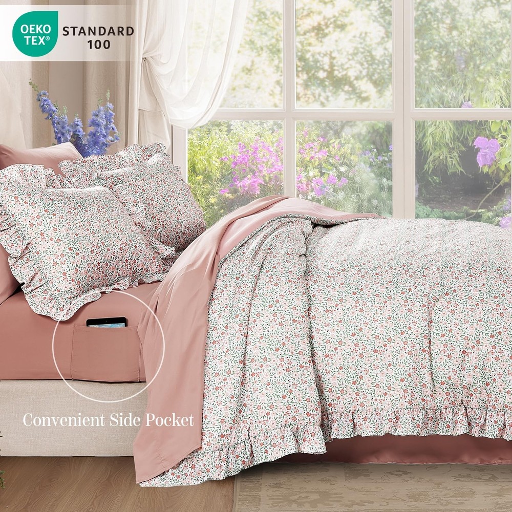 BLOOMHAVEN Queen Comforter Set - 7 Pieces Ruffle Pink Ditzy Bedding Sets, Sha...
