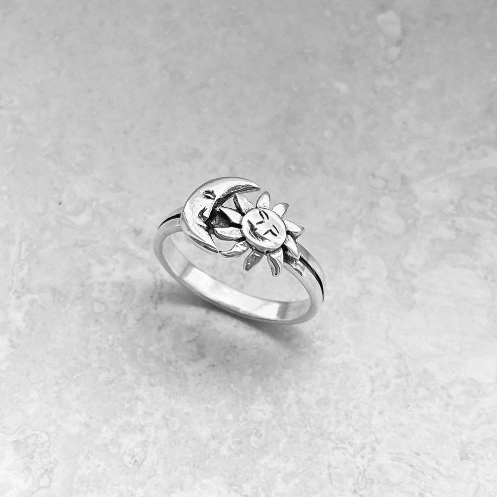 Sterling Silver Face Moon and Sun Ring, Silver Ring, Boho Ring, Moon Ring