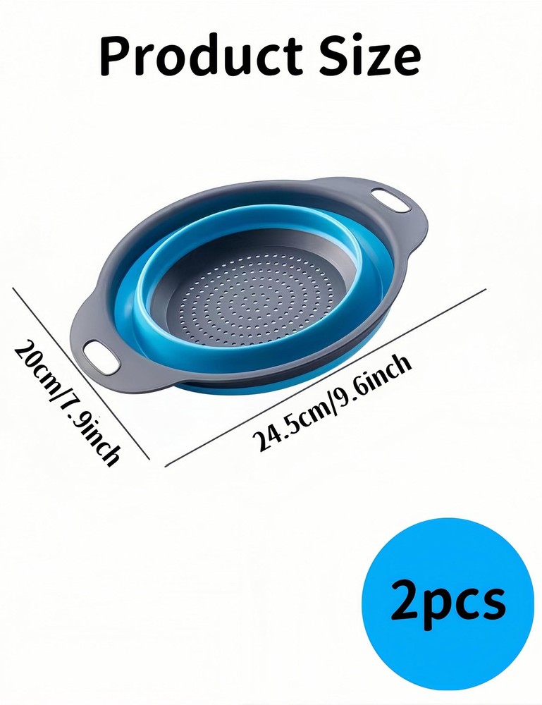 2 PCS Red Round Collapsible Silicone Kitchen Colander Plastic Handle Strainer