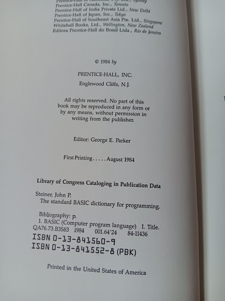 The Standard Basic Dictionary For Programming Hardcover W/DJ John P Steiner